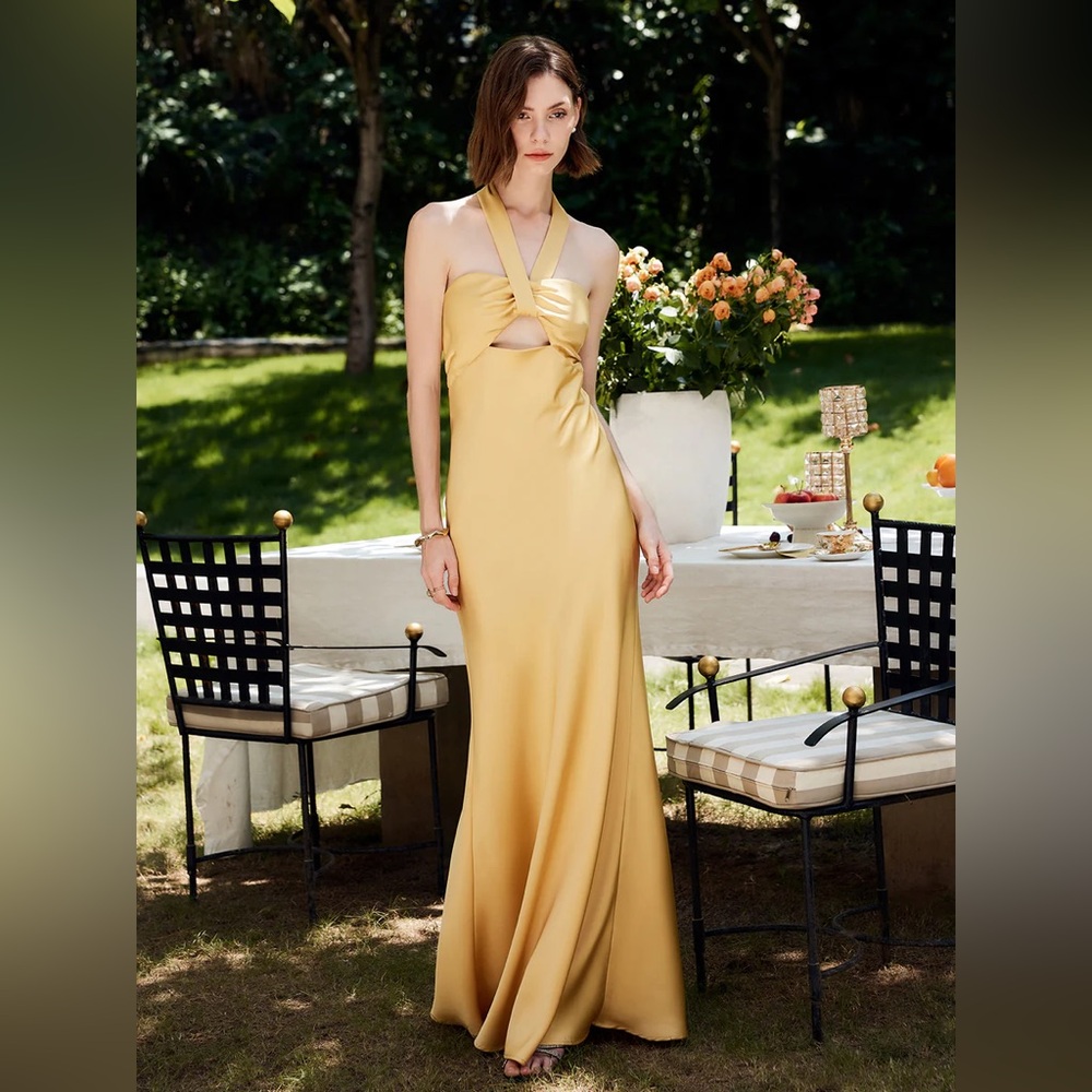 005. Commense Halter Backless Satin Long Dress